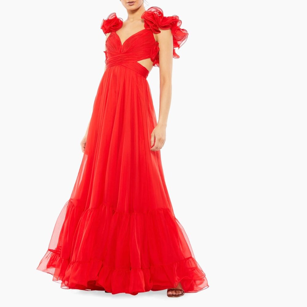 Mac Duggal Red Ruffle Tiered Cut-Out Chiffon Gown Size 10